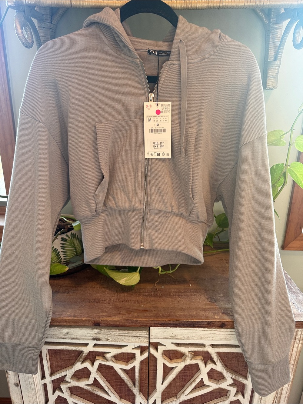Zara Taupe Cropped Zip Hoodie Jacket